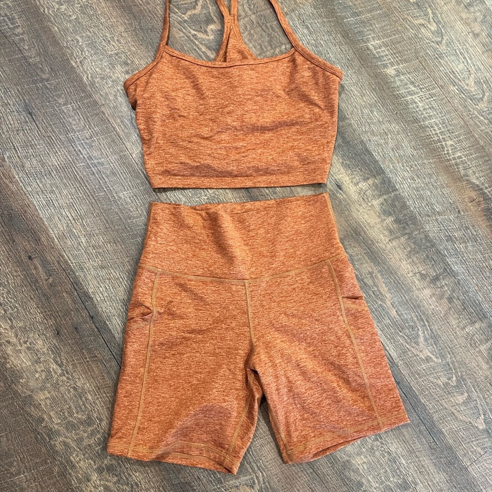 aerie Rust Orange Heather Sports Bra and High-Waist Bike Shorts Set